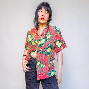 Jams World vintage LE USA made 100% rayon floral mao neck side slits boxy shirt